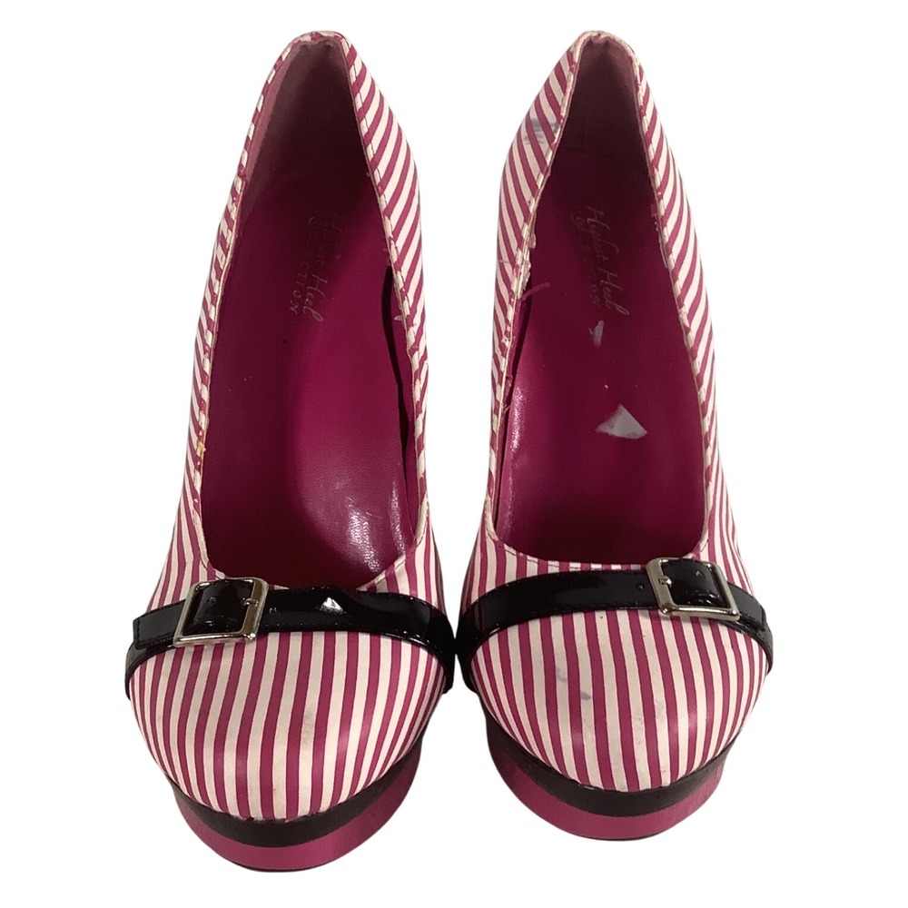 Highest Heel Pink White Striped Gun Heel Platform Pumps Buckle Accent Size 10